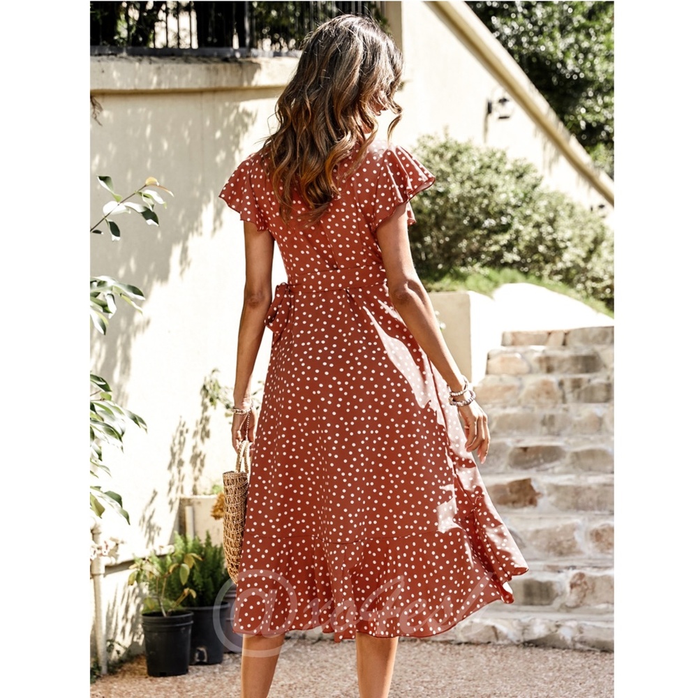 Polka Dot Midi Dress Wrap Burnt Orange - Picture 3 of 10
